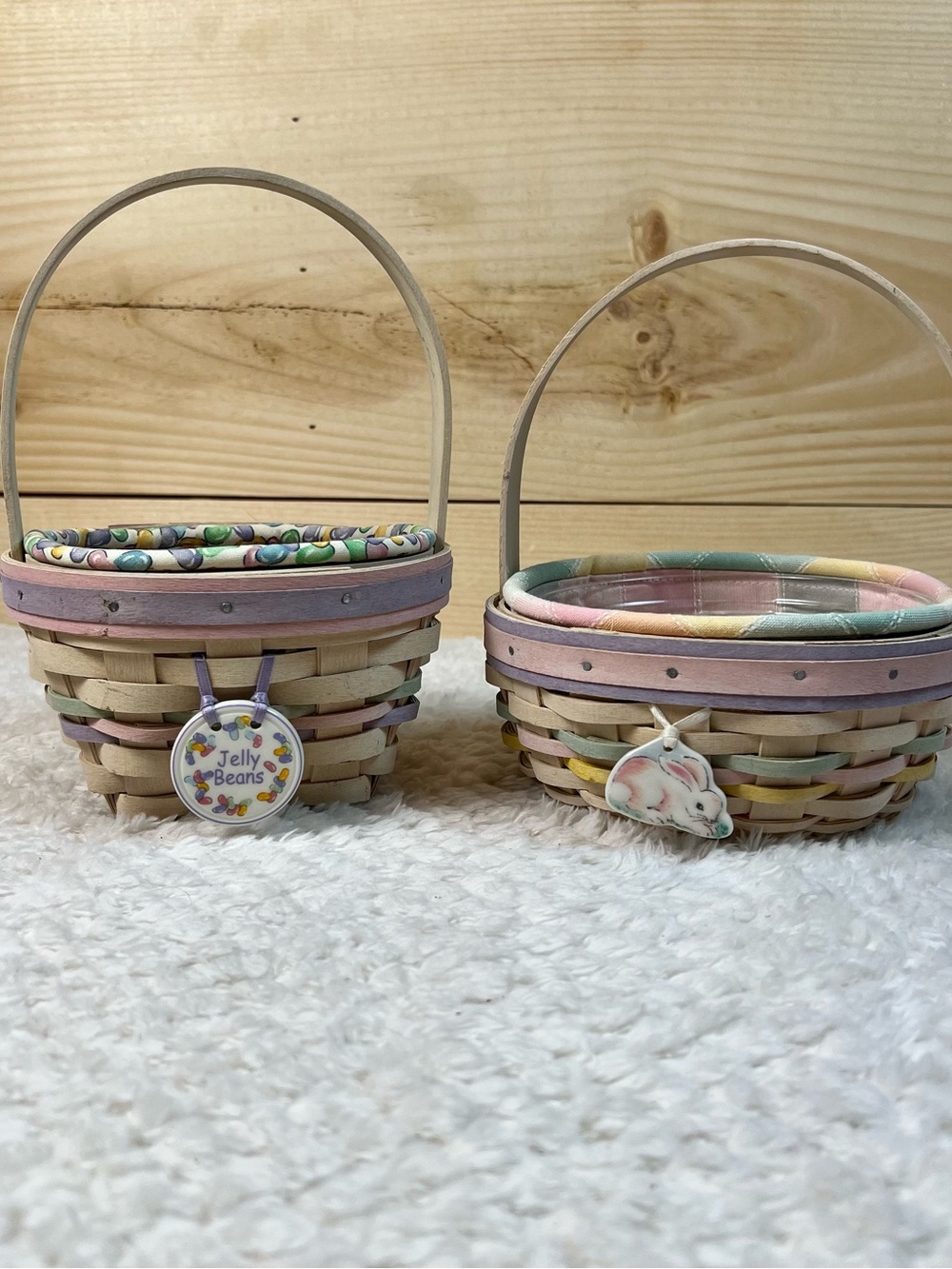 Longaberger Jelly Beans Pastel & Cream Woven Sm Easter Basket Pair w/Accessories